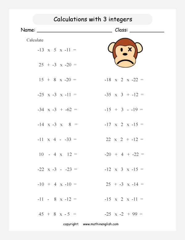 order of operations with positve integers and parentheses worksheets for grade 1 to 6 