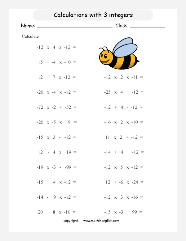 order of operations with positve integers and parentheses worksheets for grade 1 to 6 