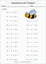 order of operations with positve integers and parentheses worksheets for grade 1 to 6 